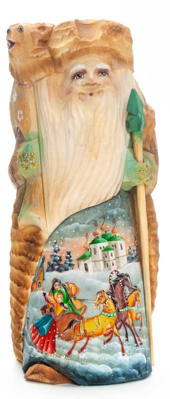 210 mm Santa with a Magic Staff and a Bear with handpainted Russian Troika Wooden Carved Statue (by Igor Carved Wooden Figures Studio)