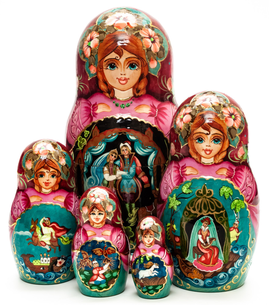 Shop Exclusive Nesting Dolls 180 mm Russian Fairytale hand painted on Wooden Matryoshka doll 5 pcs (by Golden Cockerel Studio) online at Skazka.site | Eligible for fast shipping and free returns. 180 mm Russian Fairytale hand painted on Wooden Matryoshka doll 5 pcs (by Golden Cockerel Studio)