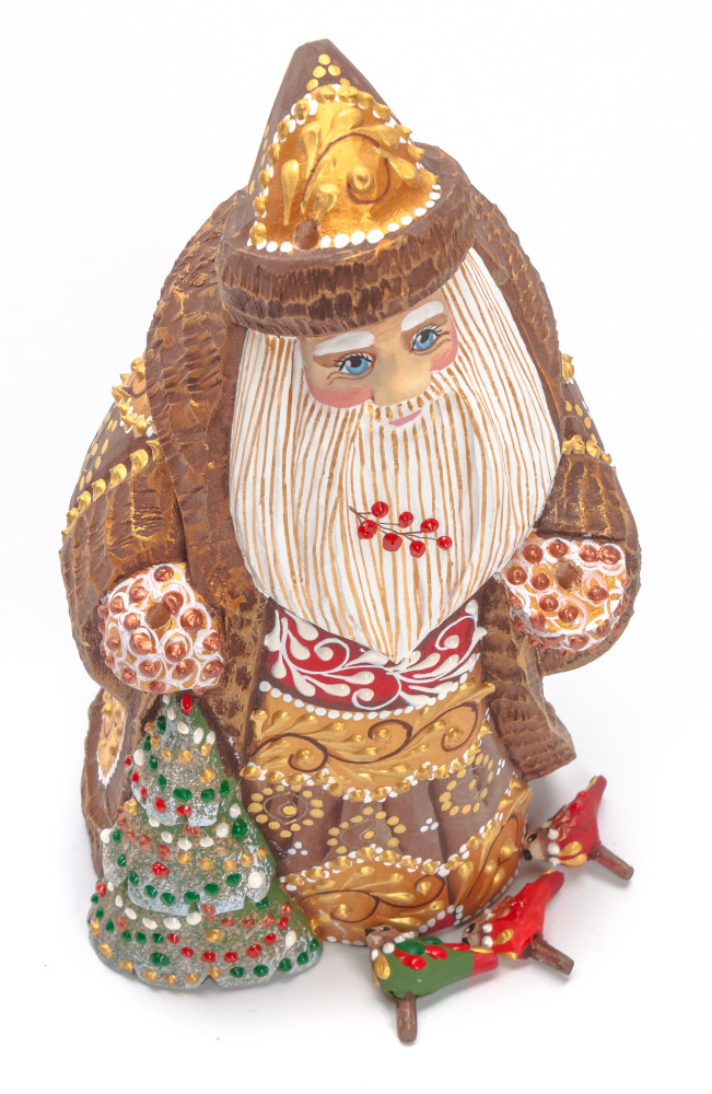 155 mm Santa with a Green Christmas Tree and Birds Carved Wood Hand Painted Collectible Figurine (by Natalia Nikitina Workshop)
