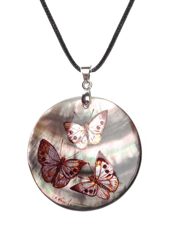  d40 mm Butterflies hand painted Nacre Pendant (by Tatiana Shkatulka Crafts)