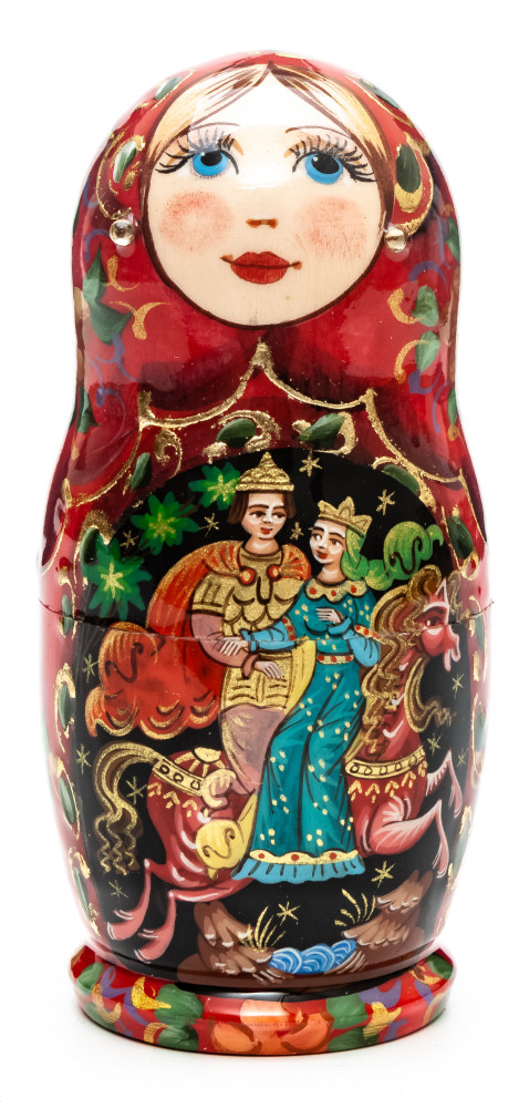 110 mm Ruslan and Lyudmila hand painted on wooden Matryoshka doll 5 pcs (by A Studio)