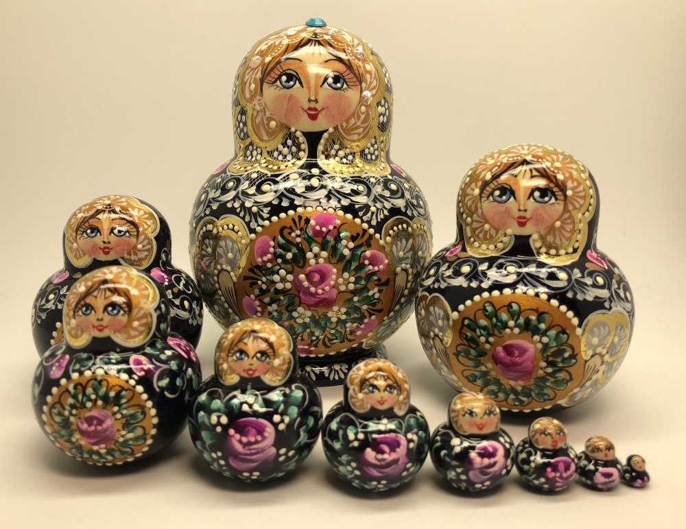 140 mm Russian Patterns hand painted wooden Matryoshka doll 10 pcs (by Elena Kudryashova)