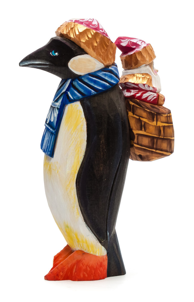 190 mm Santa sitting in a Penguin's Backpack Carved Wood Hand Painted Collectible Figurine (by Igor Carved Wooden Figures Studio)