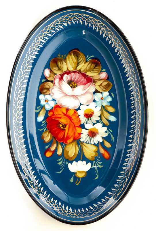 165x255 mm Zhostovo Patterns hand painted and lacquered Metal Forged Blue Tray (by Lada Crafts)