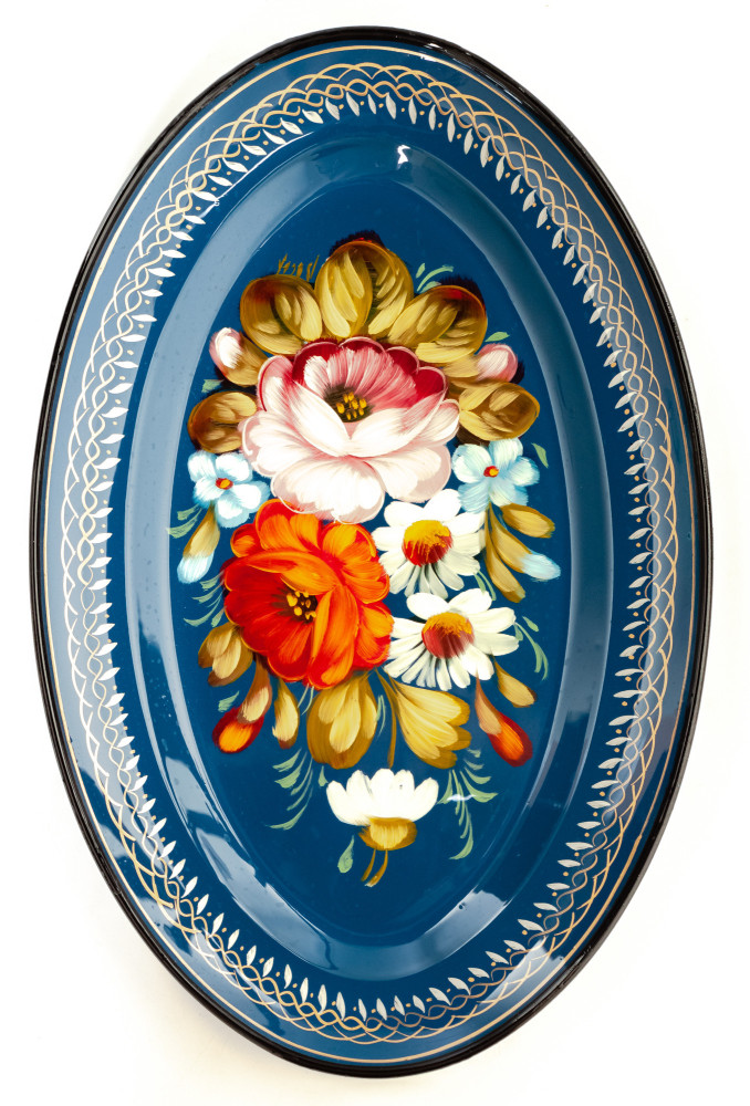 165x255 mm Zhostovo Patterns hand painted and lacquered Metal Forged Blue Tray (by Lada Crafts)