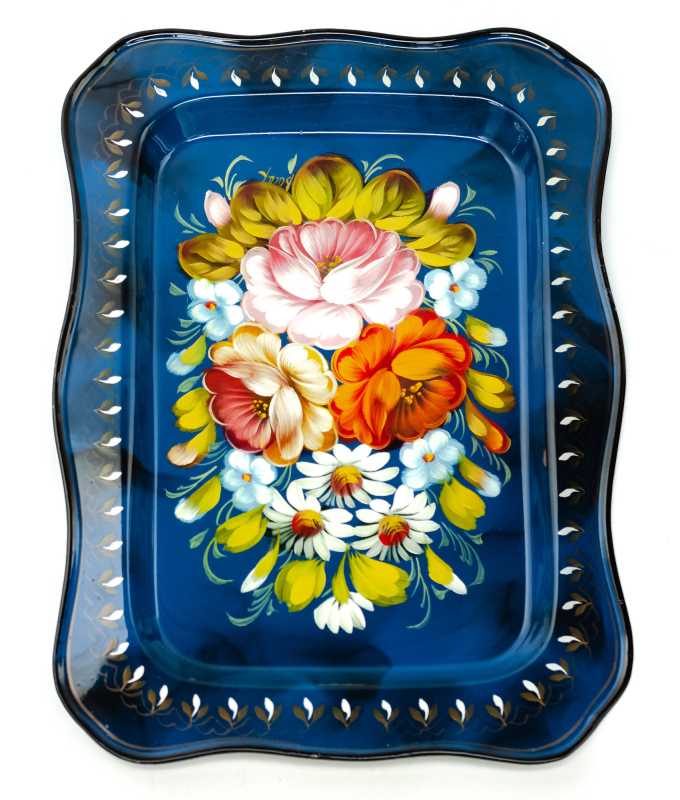 195x260 mm Zhostovo Patterns hand painted and lacquered Metal Forged Blue Tray (by Lada Crafts)