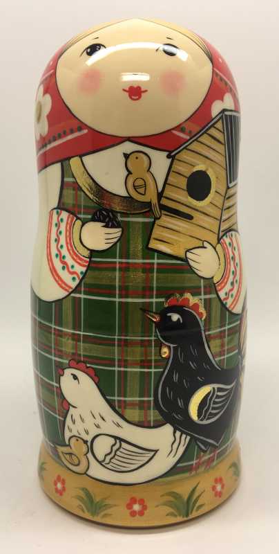 180 mm Russian Girl plays with Chicken hand painted wooden Matryoshka doll 5 pcs (by A Studio)