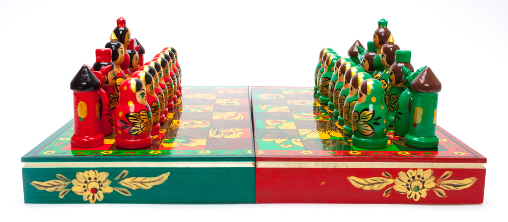 Wooden Chess Board with Khokhloma Art Hand Painted Chess Pieces
