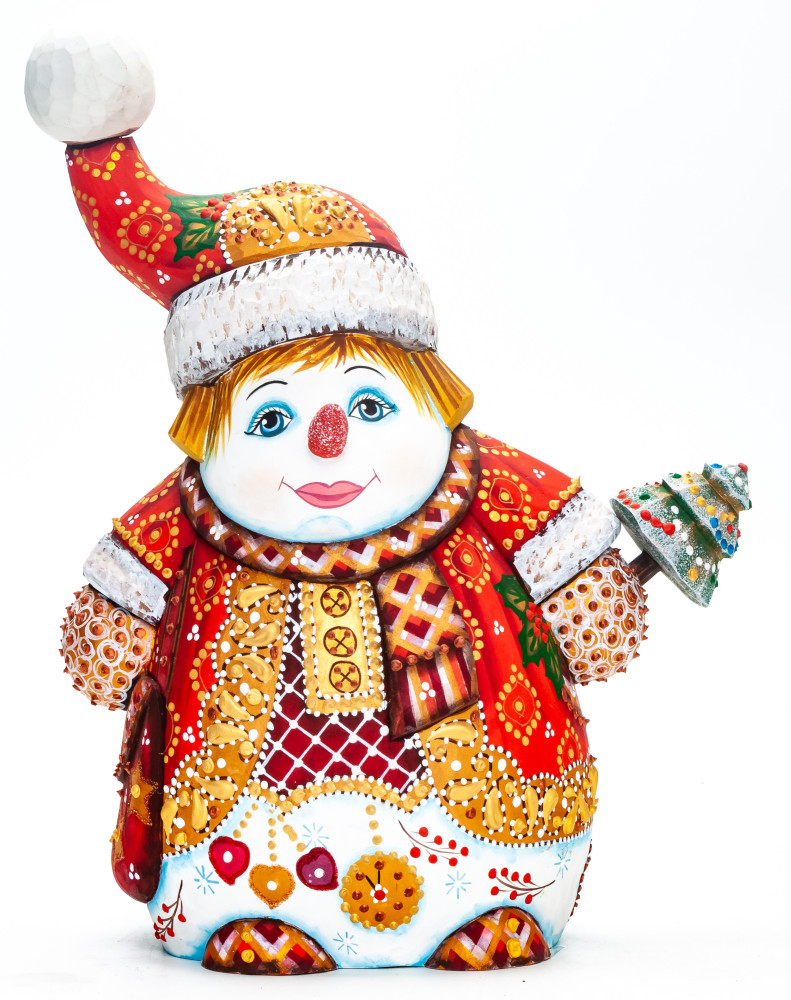 230 mm Snowman with a Christmas Green Tree hand painted wooden figurine (by Natalia Nikitina Workshop)