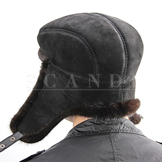 Black Suede Bugatti Cap with Ear flaps and Mink Fur (by Scandi Furs)