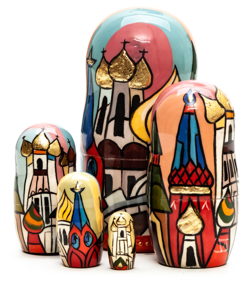 100 mm Moscow Snt Basil Cathedral hand painted by Lentuloff on wooden Matryoshka doll 5 pcs (by A Studio)