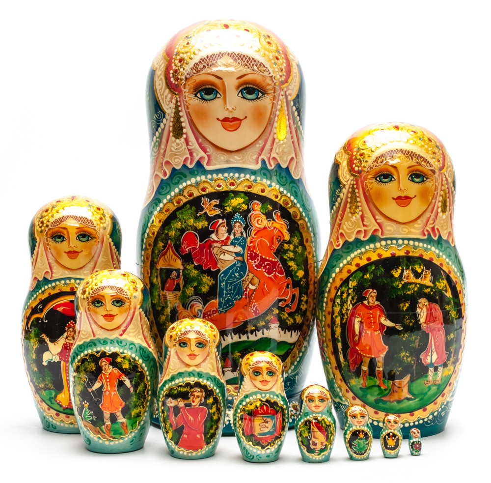 Shop Exclusive Nesting Dolls 280 mm Sleeping Beauty fairytale hand painted wooden Matryoshka doll 10 pcs (by GOLDEN COCKEREL) online at Skazka.site | Eligible for fast shipping and free returns. 280 mm Sleeping Beauty fairytale hand painted wooden Matryoshka doll 10 pcs (by GOLDEN COCKEREL)