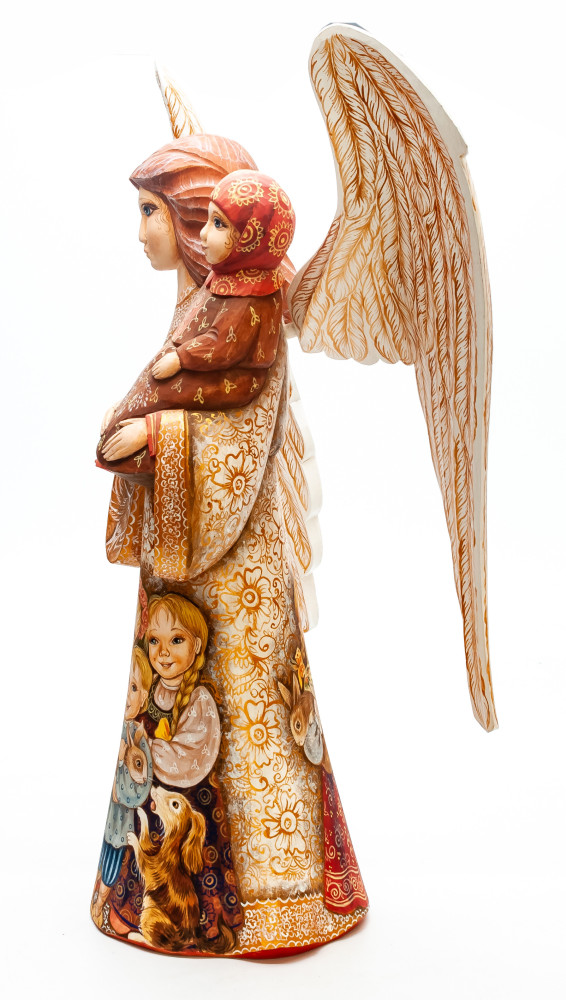 340 mm Mother Angel with Children hand painted wooden figurine (by Polar Bear Studio)