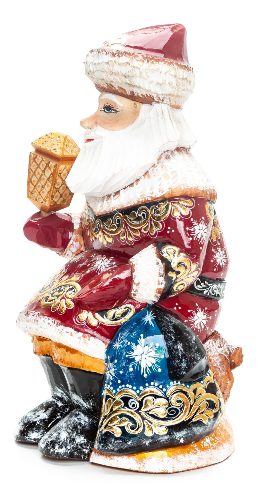 220 mm Santa with a Lamp and a Bag handpainted Wooden Carved Statue (by Igor Carved Wooden Figures Studio)