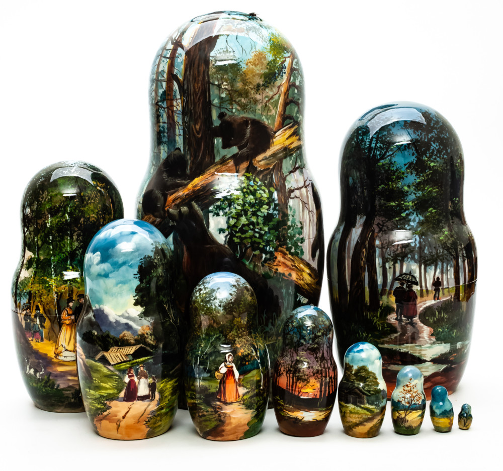 Shop Exclusive Nesting Dolls 300 mm Morning in a Pine Forest by Savitsky hand painted on Wooden Matryoshka doll 10 pcs (by Trifinov Studio) online at Skazka.site | Eligible for fast shipping and free returns. 300 mm Morning in a Pine Forest by Savitsky hand painted on Wooden Matryoshka doll 10 pcs (by Trifinov Studio)
