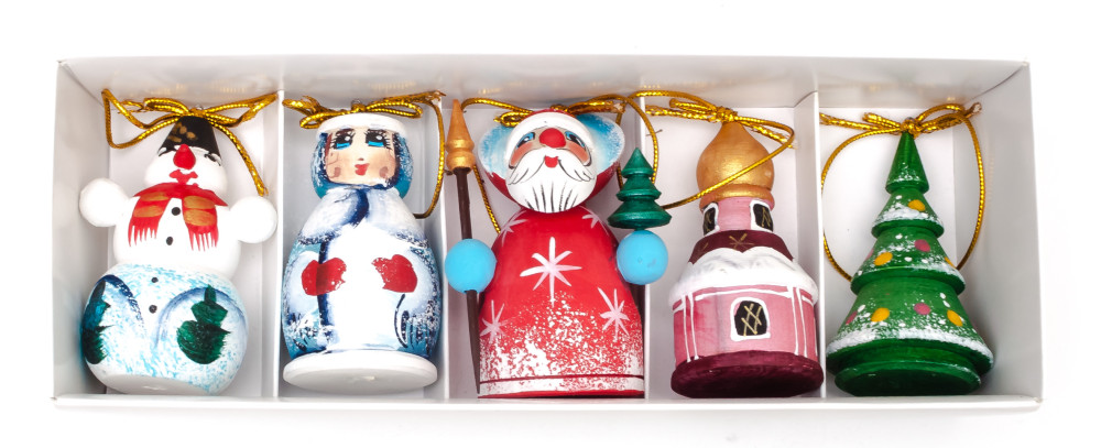 Santa and Snowman Carving Christmas Ornaments Set of 5 pcs (by Ilya Painted Dolls Studio)