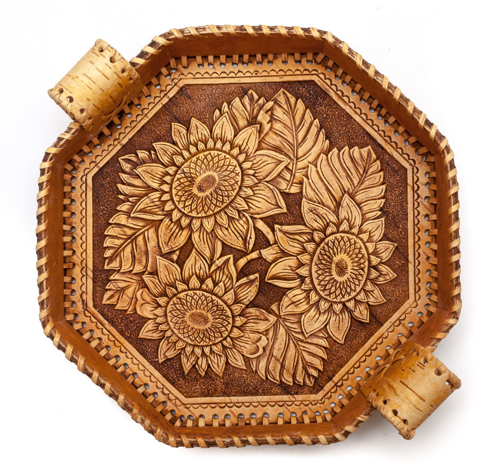 225x40 mm Sunflowers hand made birchbark Plate (by Maxim Birch)