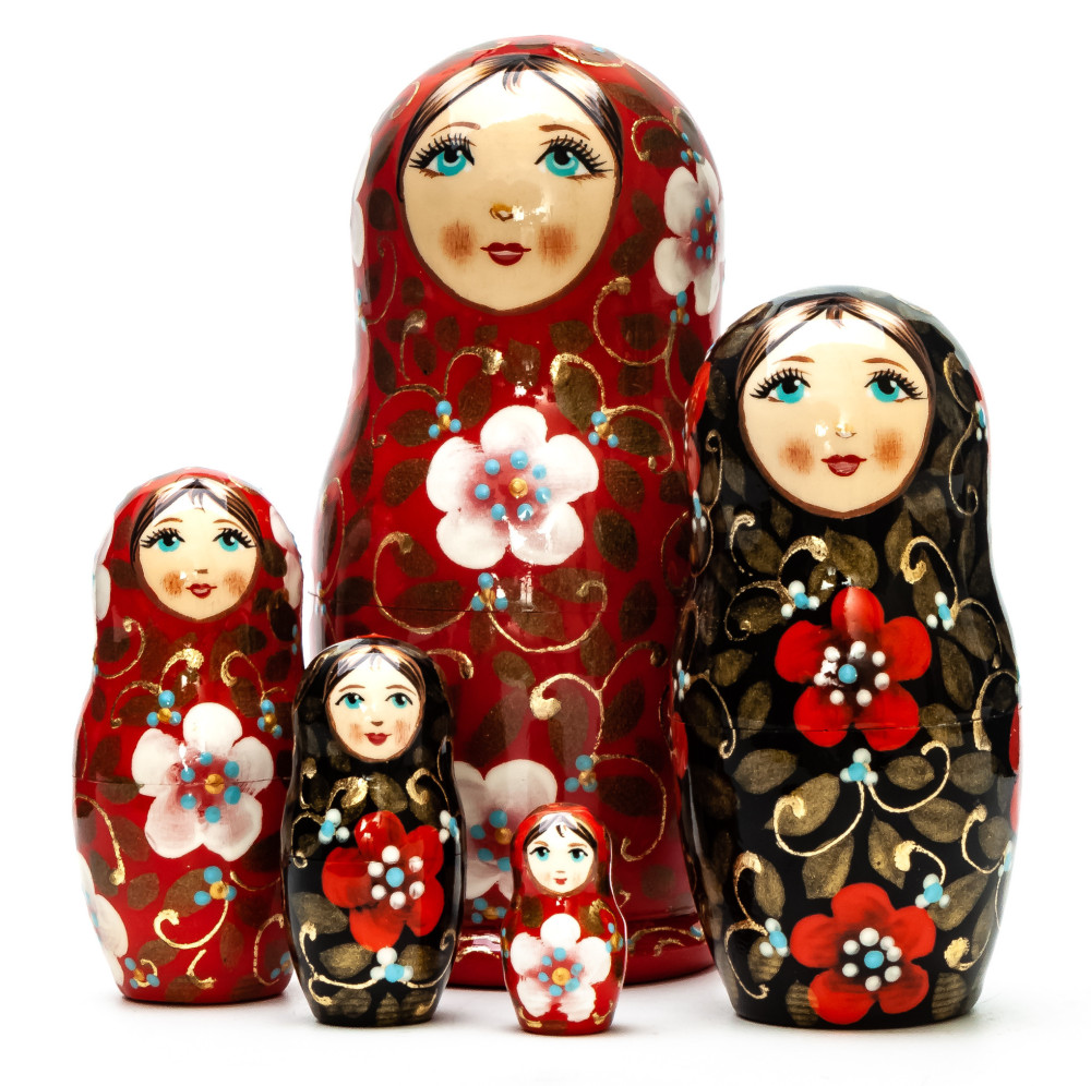  110 mm Flowers hand painted on wooden Matryoshka doll 5 pcs (by A Studio)