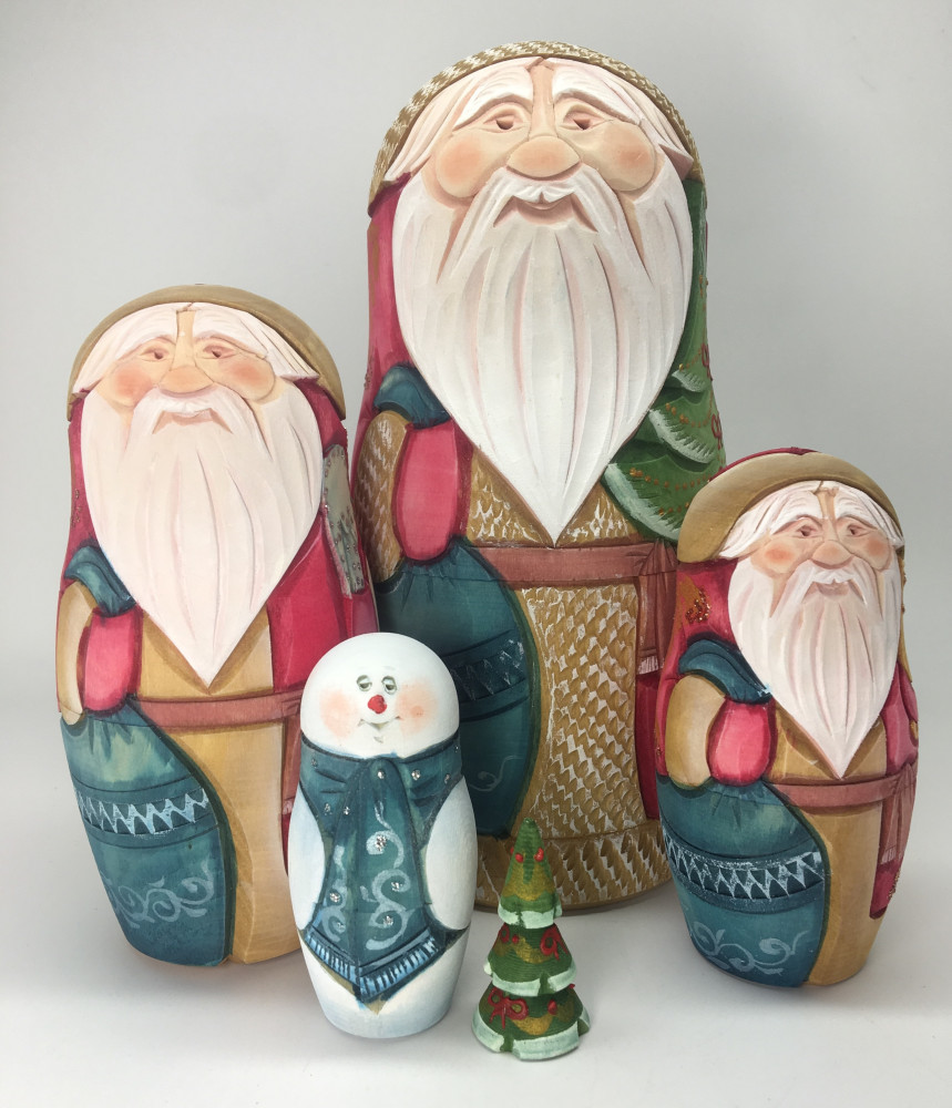 190 mm Santa Claus Hand Carved and Painted Matryoshka Doll 5 pcs inside (by Sergey Carved Wooden Dolls Studio)
