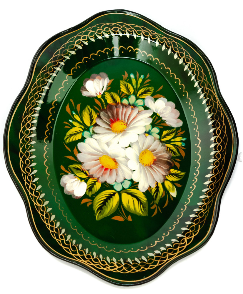 180x220 mm Zhostovo Patterns hand painted and lacquered Metal Forged Green Tray (by Lada Crafts)