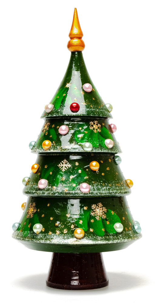 240 mm Christmas Wooden Green Tree with Hand Painted Garlands and Decorations