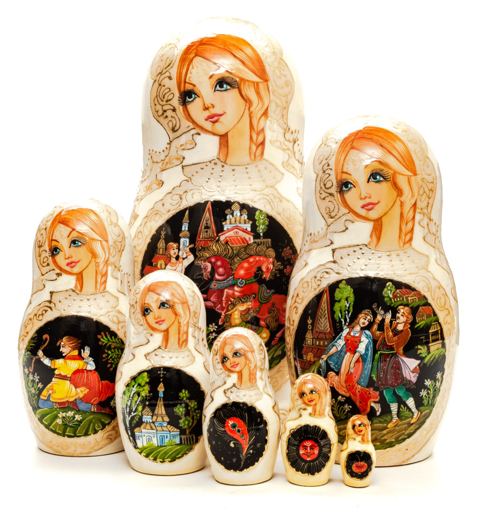 220 mm Russian Fairytalel handpainted Wooden Matryoshka Doll 7 pcs (by Sheherazade)