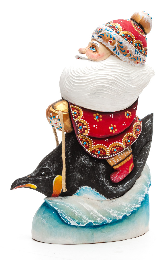 200 mm Santa riding a Penguin Carved Wood Hand Painted Collectible Figurine (by Igor Carved Wooden Figures Studio)