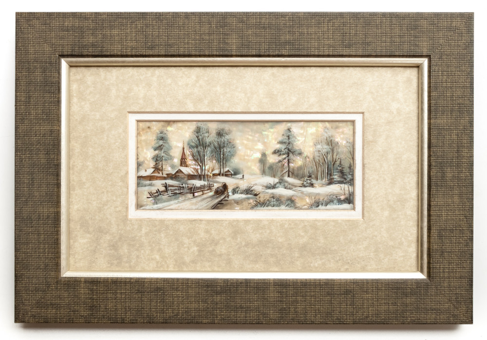 280x190 mm Winter Landscape hand painted on Nacre Fedoscino painting (by Tatiana Fedoscino Arts)