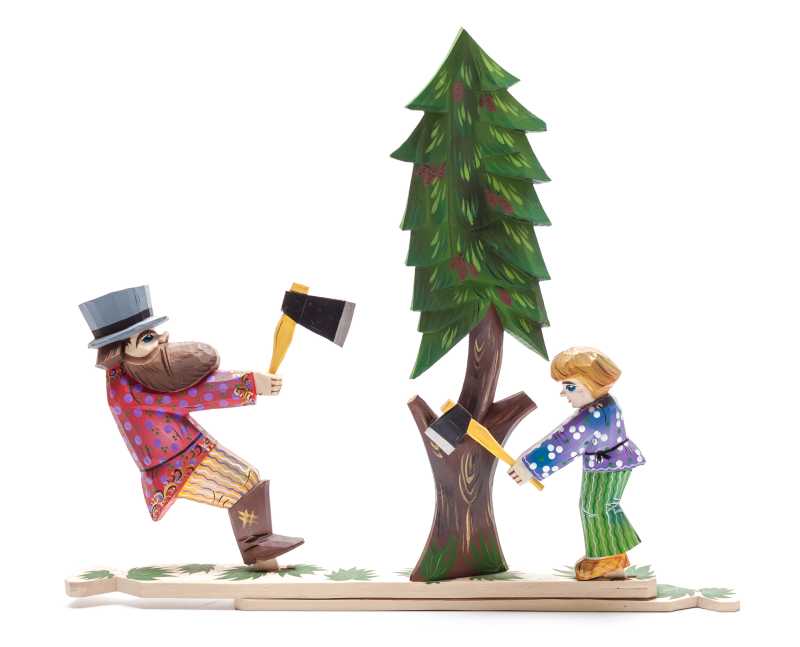 280x235 mm Father and Son Woodcutters Hand Carved and Painted Wooden Toy (by Skazka)