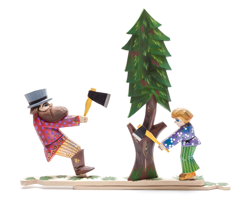 280x235 mm Father and Son Woodcutters Hand Carved and Painted Wooden Toy (by Skazka)