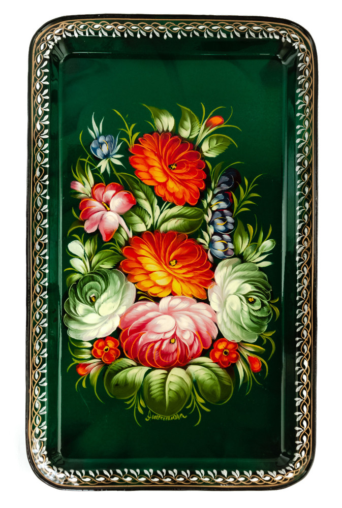 235x395 mm Zhostovo Patterns hand painted and lacquered by Anisimova Metal Forged Green Tray (by Lada Crafts)