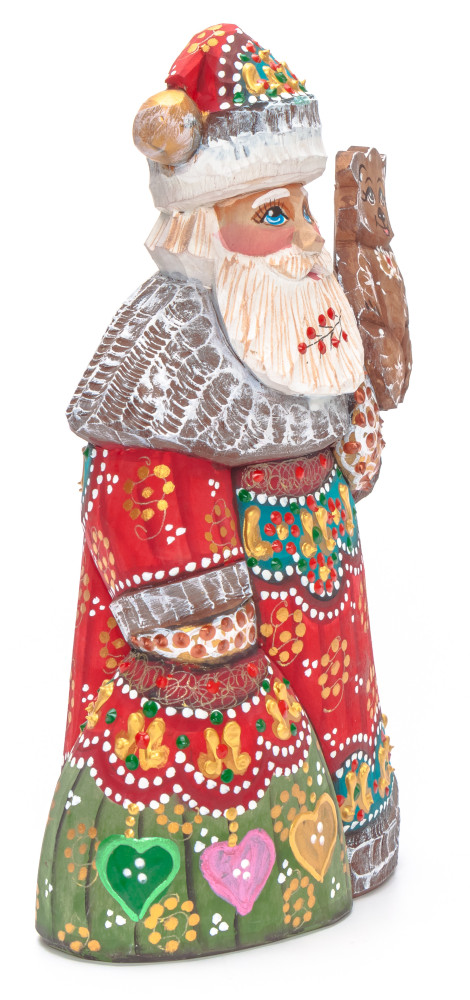 180 mm Santa with a Bag and a Bear Carved Wood Hand Painted Collectible Figurine (by Natalia Nikitina Workshop)