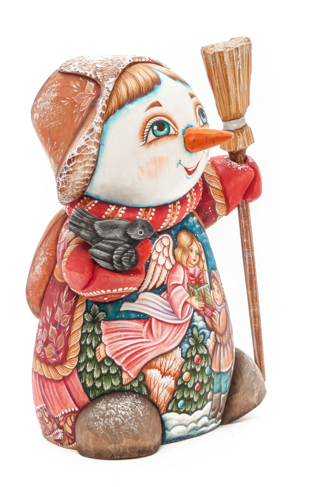 190 mm Snowman with hand painted Angel giving a Gift to a Boy wooden figurine (by Sergey Christmas Workshop)