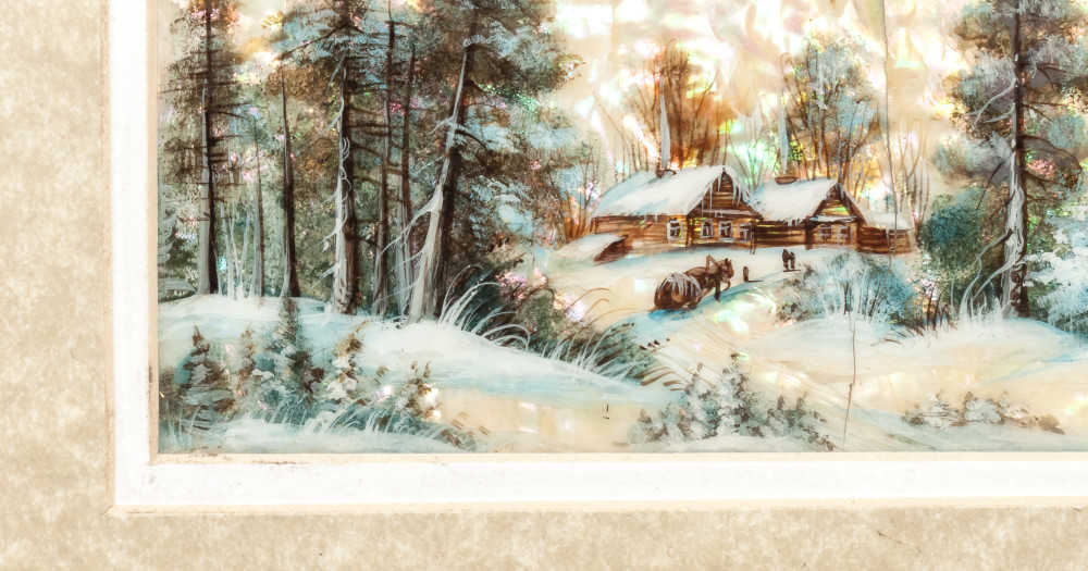 280x190 mm Winter Landscape hand painted on Nacre Fedoscino painting (by Tatiana Fedoscino Arts)