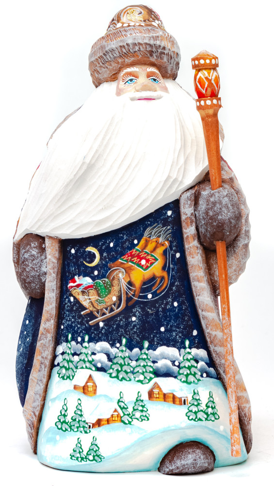 160 mm Santa Claus Hand Carved Wooden Figurine with painted picture Santa Claus flying over the Russian Village