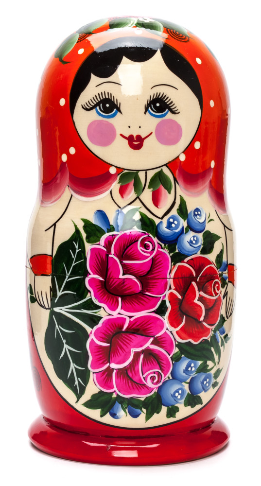 205 mm Orange Head Semenovskaya handpainted wooden Matryoshka Doll 8 pcs (by Ivan Studio)