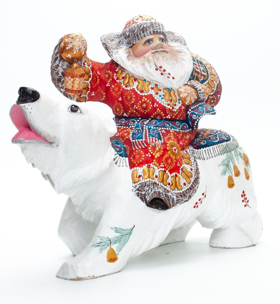 250 mm Santa Claus with a Bell Riding the Bear handpainted Wooden Carved Statue (by Natalia Nikitina Workshop)