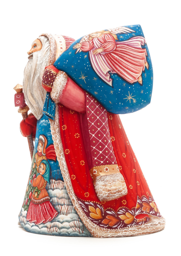 220 mm Santa with a Magic Staff and a Bag with hand painted Kids playing at the Green Christmas Tree Carved Wood Collectible Figurine (by Sergey Christmas Workshop)