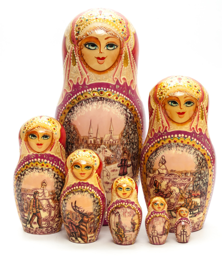 260 mm Russian Winter hand painted wooden Matryoshka doll 7 pcs (by GOLDEN COCKEREL)