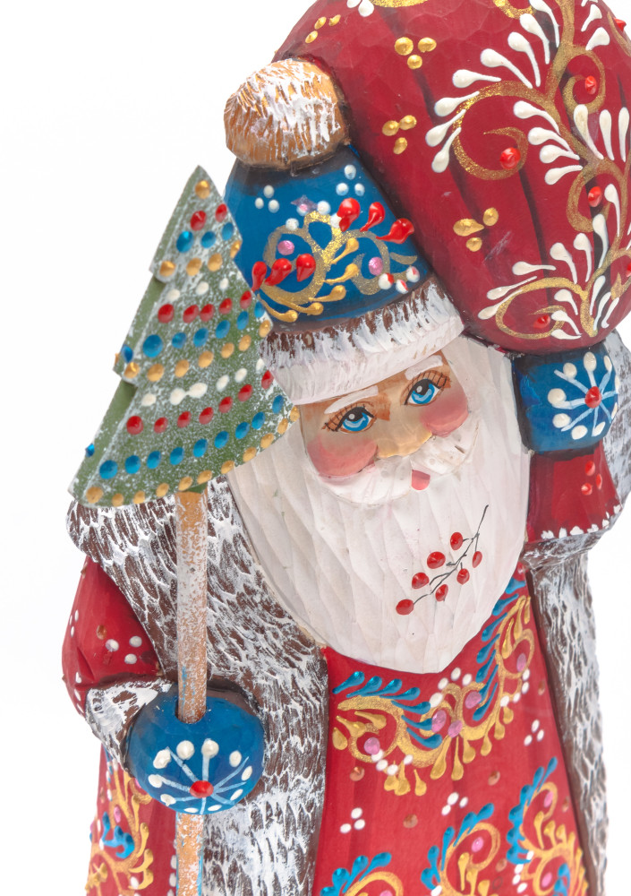 190 mm Santa with a Magic Staff and a Bag Carved Wood Hand Painted Collectible Figurine (by Natalia Nikitina Workshop)