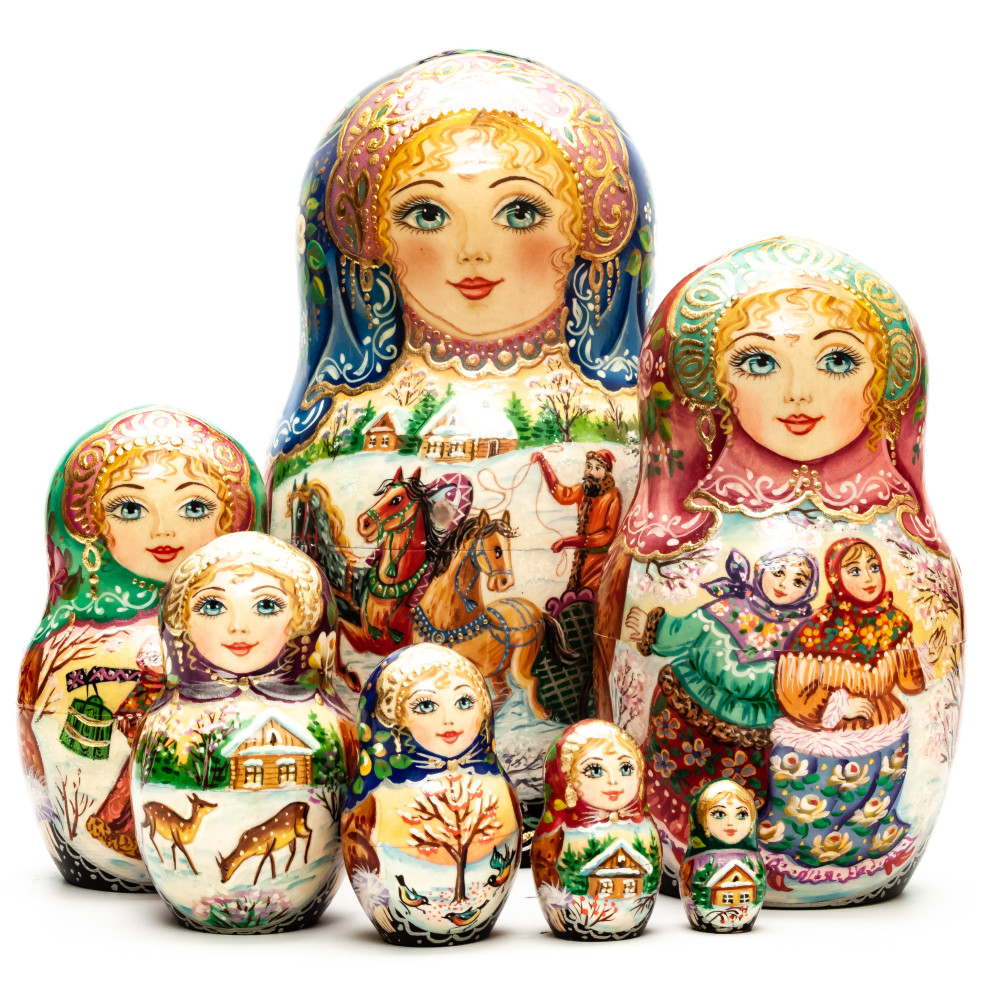 190mm Russian Winter hand painted Matryoshka doll 7pcs
