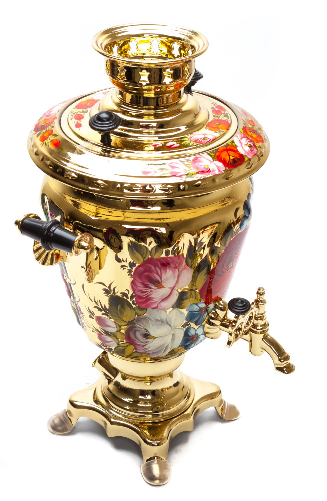 Zhostovo Flowers Electric Gold Samovar Kettle with 4 hand painted Brass Tea Glass Holders, Ceramic Teapot and metal Tray