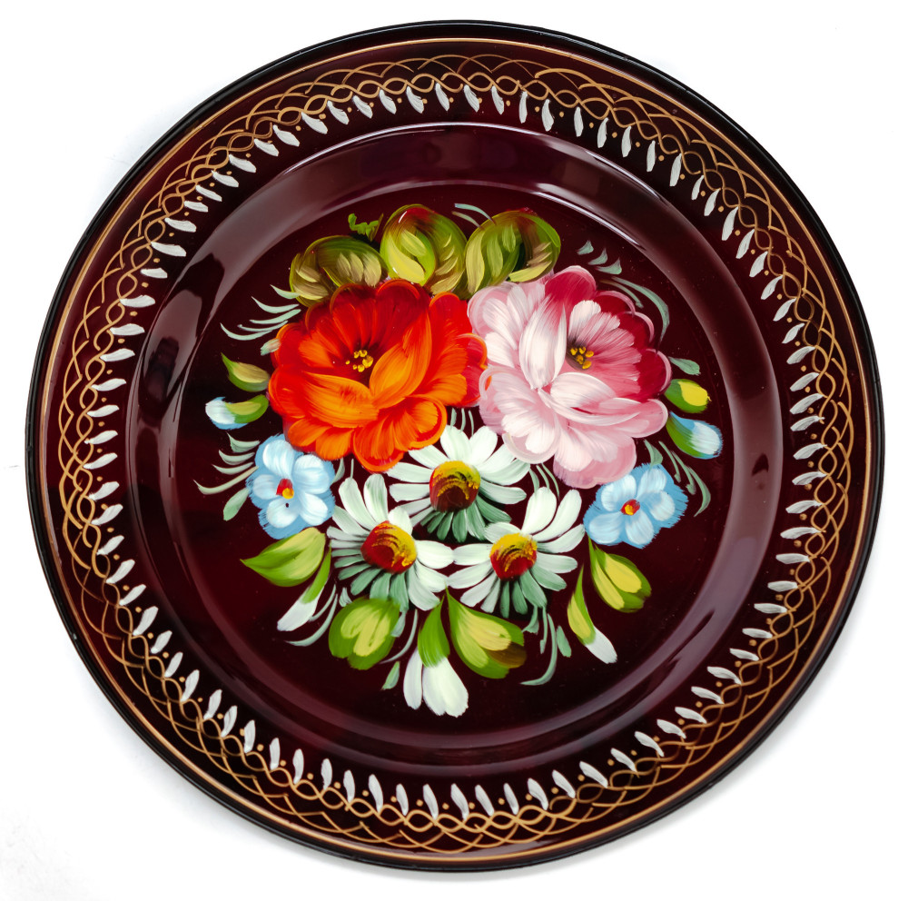  d 180 mm Zhostovo Patterns hand painted and lacquered Metal Forged Carmine Tray (by Lada Crafts)