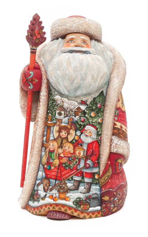 320 mm Santa with a Magic Staff and a Bag with hand painted Santa with Kids Carved Wood Collectible Figurine (by Sergey Christmas Workshop)