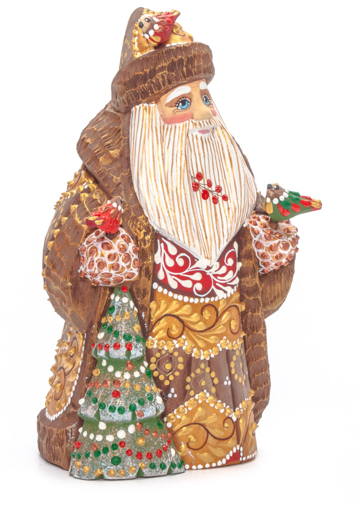 155 mm Santa with a Green Christmas Tree and Birds Carved Wood Hand Painted Collectible Figurine (by Natalia Nikitina Workshop)