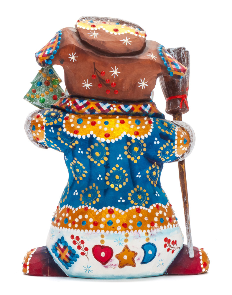 160 mm Snowman with a Broom and a Green Christmas Tree on wooden Figurine (by Natalia Nikitina Workshop)