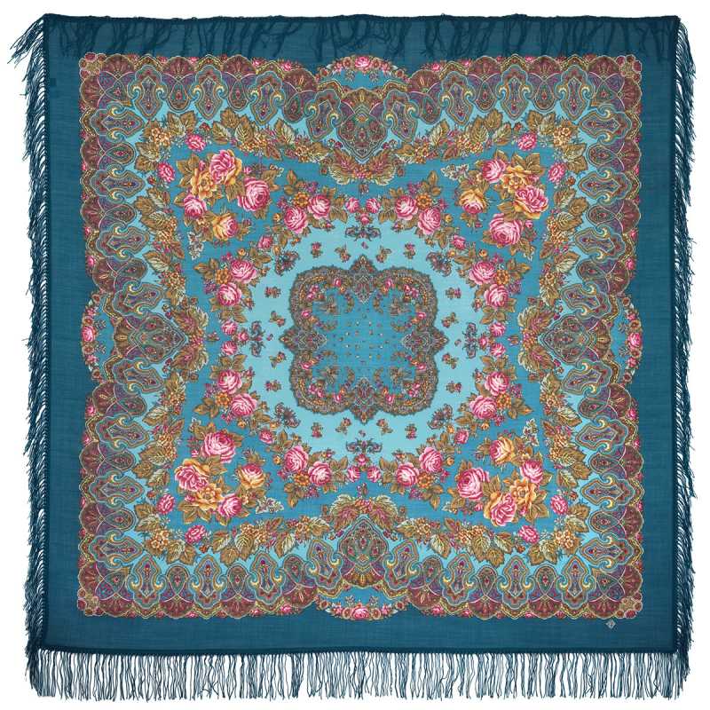 146x146 mm Slavic Holidays Woolen Shawl with Woolen Fringe Pavlovo Posad Manufactory