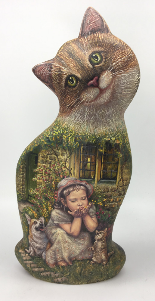 Hand Carved and Painted Cat with Little Girl and dog painting (by Vladislav Toys)