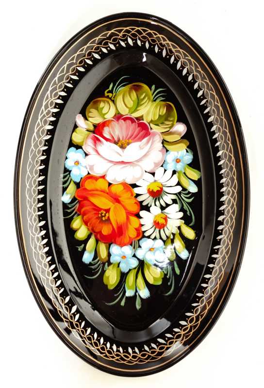 165x255 mm Zhostovo Patterns hand painted and lacquered Metal Forged Black Tray (by Lada Crafts)