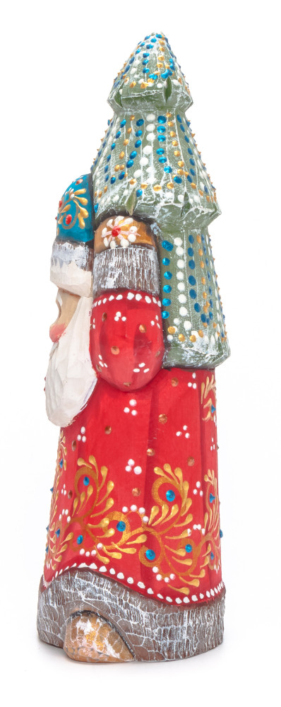 180 mm Santa with a Green Christmas Tree and a Bag Carved Wood Hand Painted Collectible Figurine (by Natalia Nikitina Workshop)